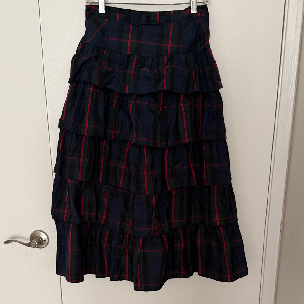 Tiered Plaid Midi Skirt - Navy and Red